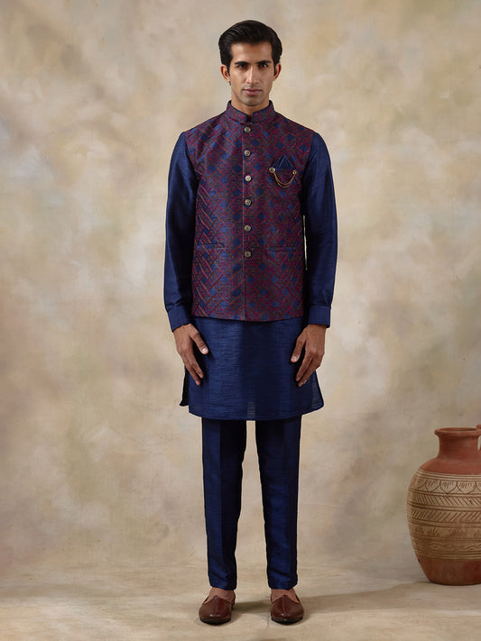 Blue Red Patterned Men's Kurta Set