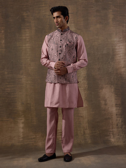 Peach Black Embroidered Men's Kurta Set