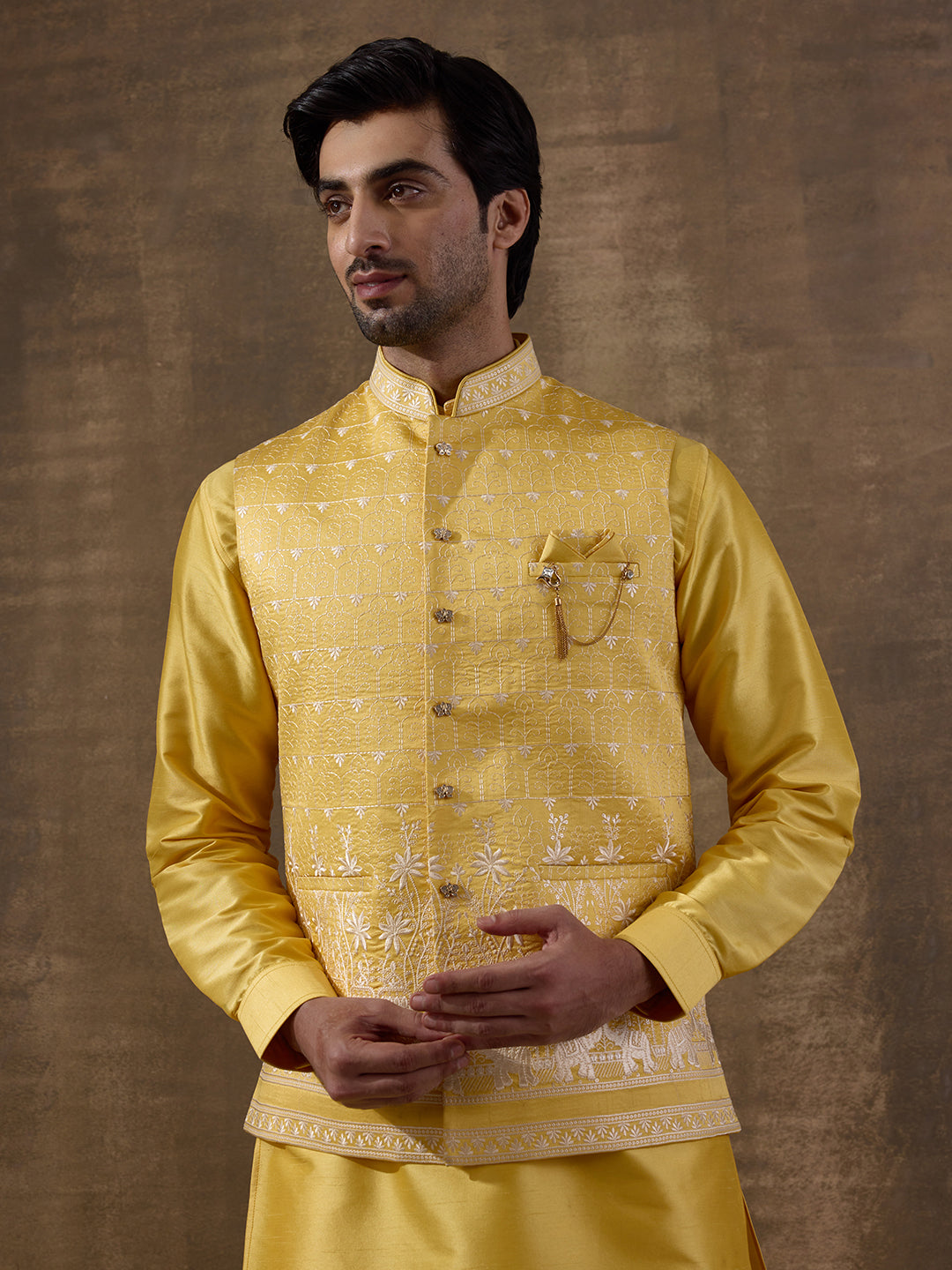 Temple Yellow Embroidered Men's Kurta Set