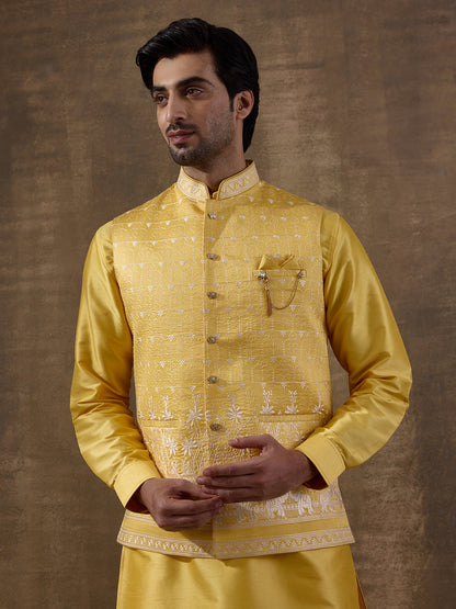 Temple Yellow Embroidered Men's Kurta Set