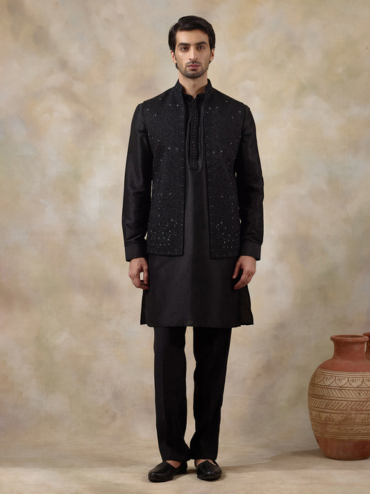 Midnight Black Sequinned Men's Kurta Set with Long Jacket