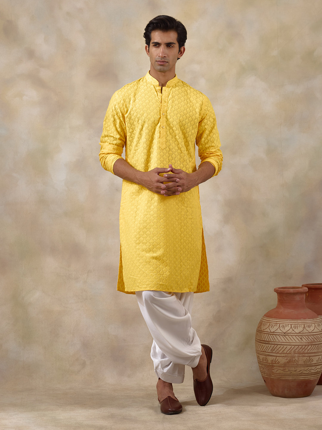 Haldi Yellow Thread Work Men's Kurta with Pants