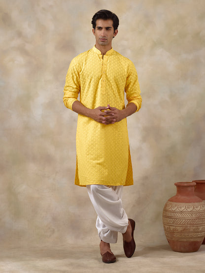 Haldi Yellow Thread Work Men's Kurta with Pants