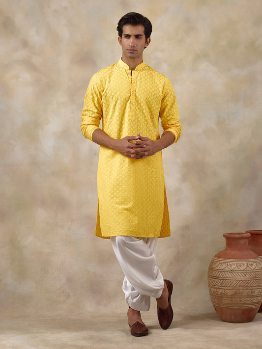 Haldi Yellow Thread Work Men's Kurta with Pants