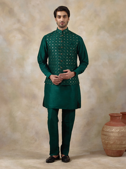 Bottle Green Motifs Sequinned Men's Kurta Set