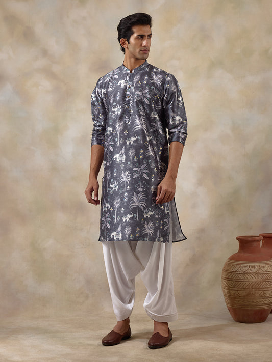 Palm Grey Printed Men's Kurta