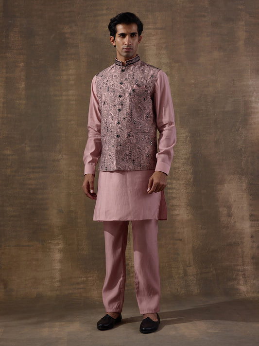 Peach Black Embroidered Men's Kurta Set