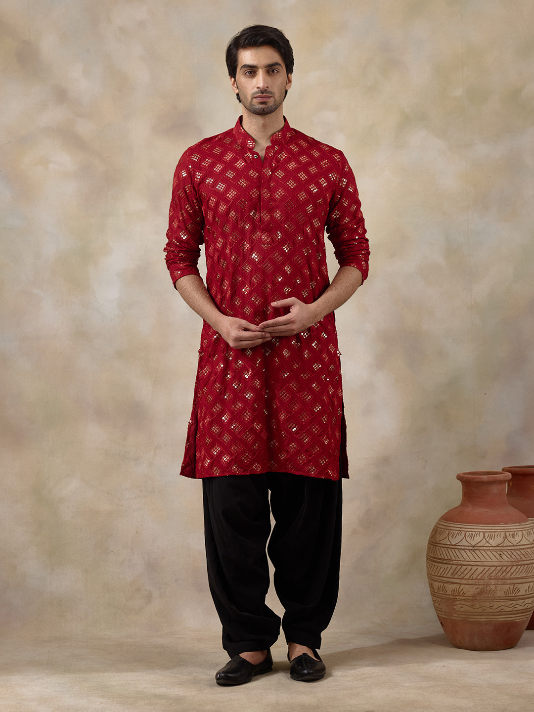 Regal Red Embellished Men's Kurta