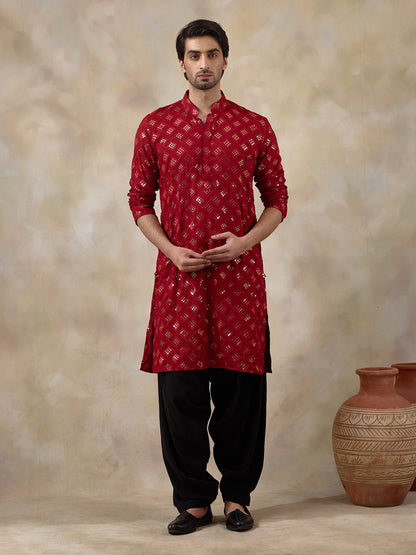 Regal Red Embellished Men's Kurta