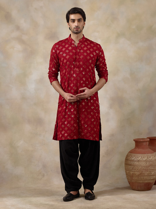 Regal Red Embellished Men's Kurta