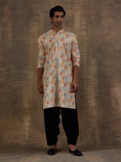Light Yellow Abstract Printed Men's Kurta