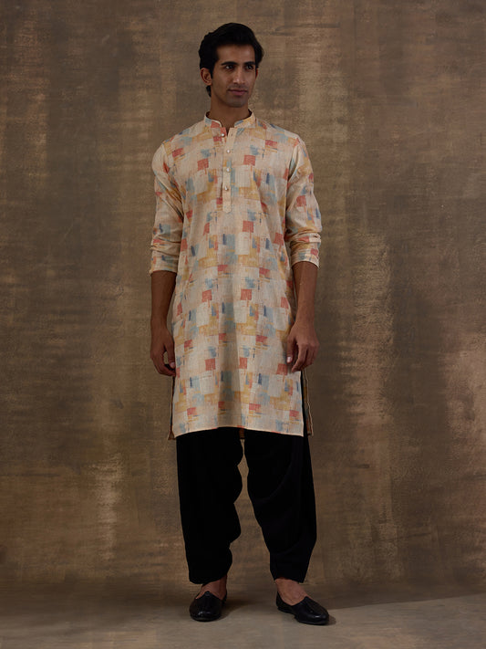 Light Yellow Abstract Printed Men's Kurta