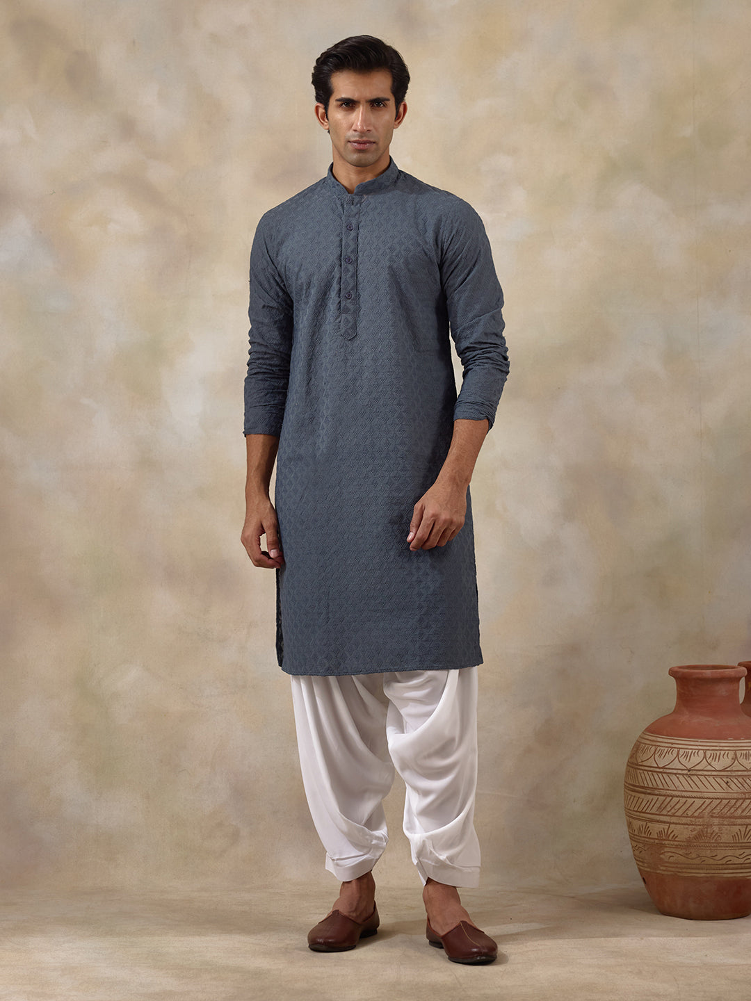 Gracious Grey Thread Work Men's Kurta with Pants