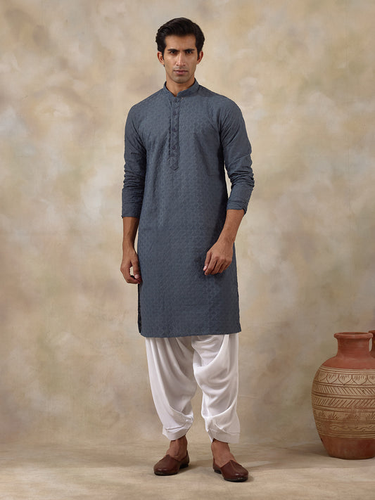 Gracious Grey Thread Work Men's Kurta with Pants