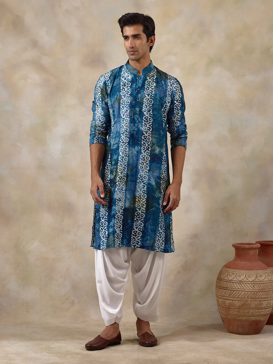 Vibrant Blue Batik Printed Men's Kurta