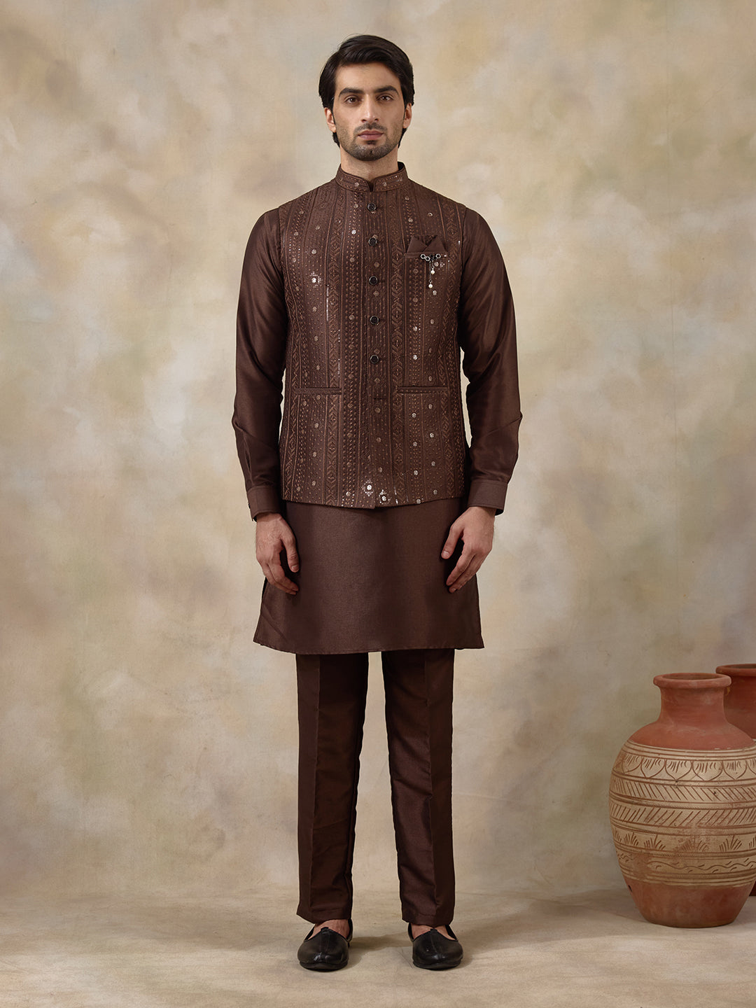Coffee Brown Sequineed Men's Kurta Set
