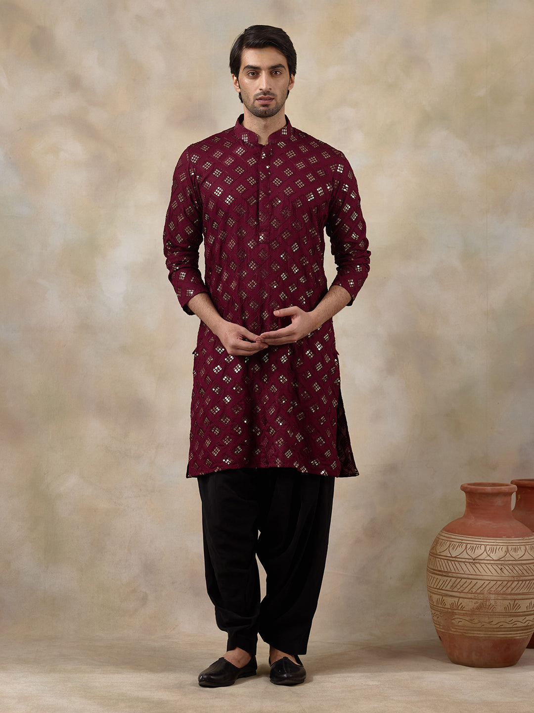 Regal Wine Embellished Men's Kurta