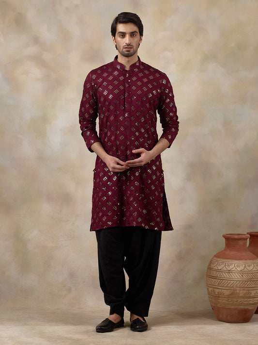 Regal Wine Embellished Men's Kurta