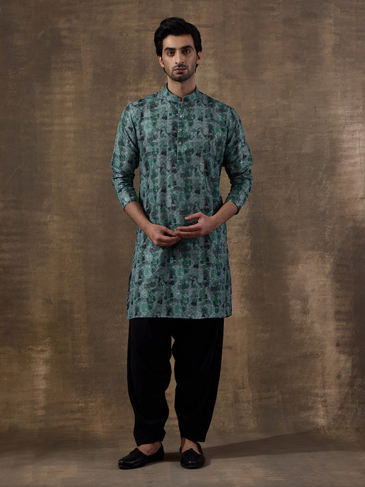 Graceful Green Abstract Printed Men's Kurta