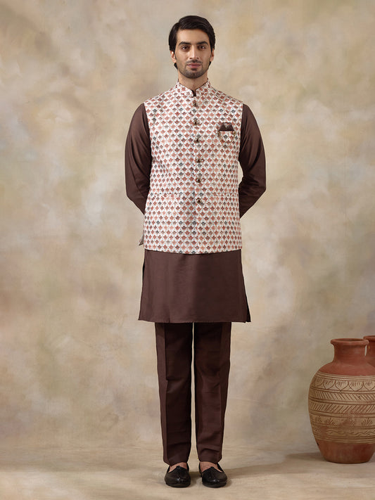 Brown Multicolour Patterned Men's Kurta Set
