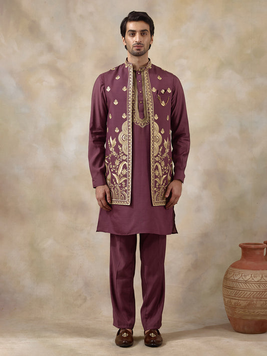 Royal Purple Aari Embroidered Men's Kurta Set with Long Jacket