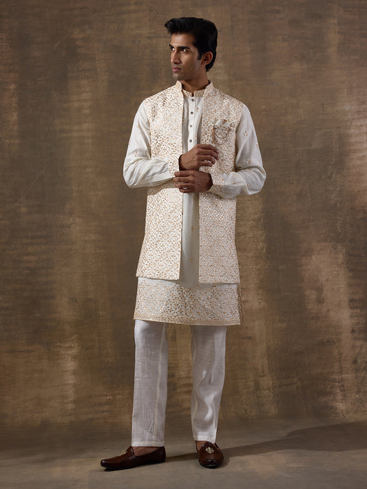 Starry White Mirrored Men's Kurta Set with Long Jacket