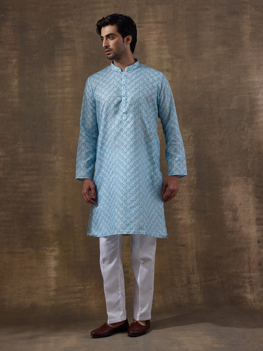 Refined Blue Ethnic Motifs Printed Men's Kurta