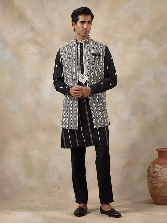 Black Chikankari Embroidered Men's Kurta Set with Long Jacket