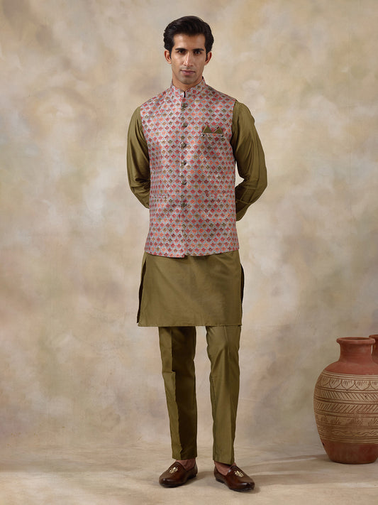 Mehendi Multicolour Patterned Men's Kurta Set