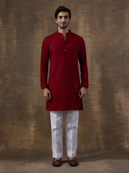 Merry Maroon Chikankari Men's Kurta with Pants