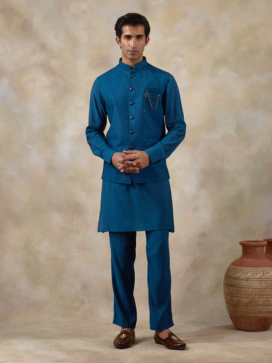 Azure Blue Sequinned Men's Kurta Set