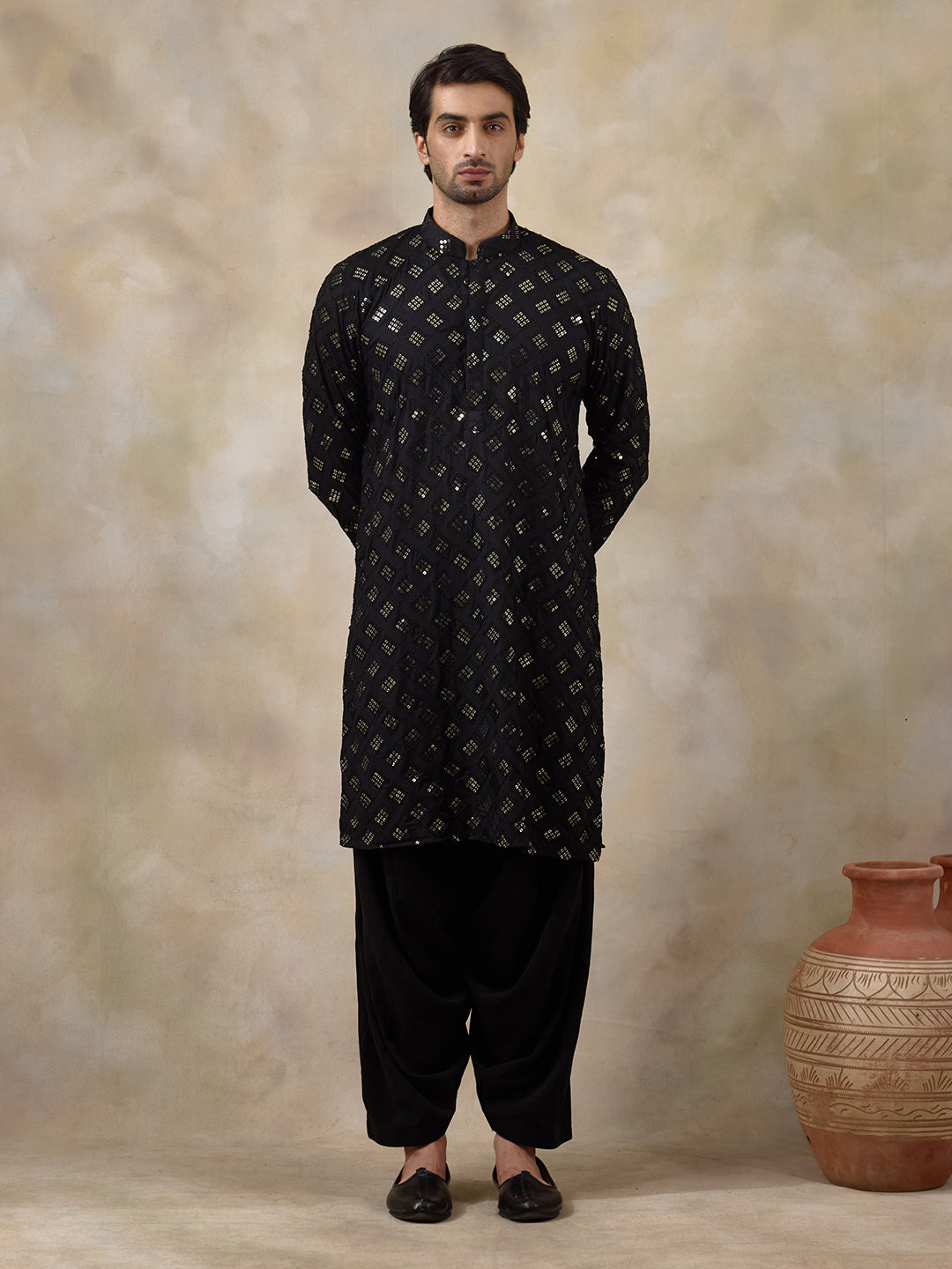 Regal Black Embellished Men's Kurta