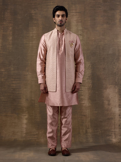 Pastel Pink Sequinned Men's Kurta Set with Long Jacket