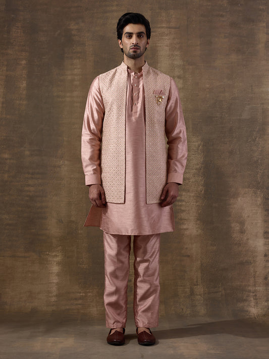Pastel Pink Sequinned Men's Kurta Set with Long Jacket