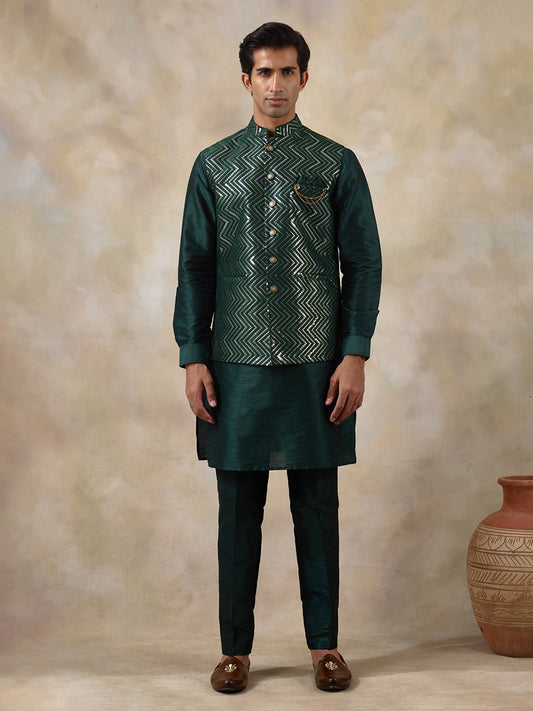 Bottle Green Sequinned Men's Kurta Set