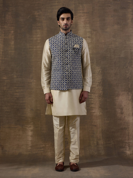 Traditional Motifs Beige Embroidered Men's Kurta Set