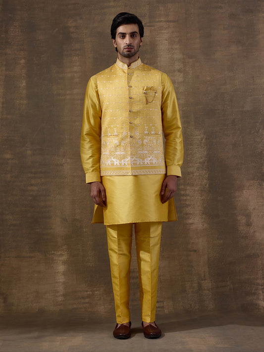 Temple Yellow Embroidered Men's Kurta Set