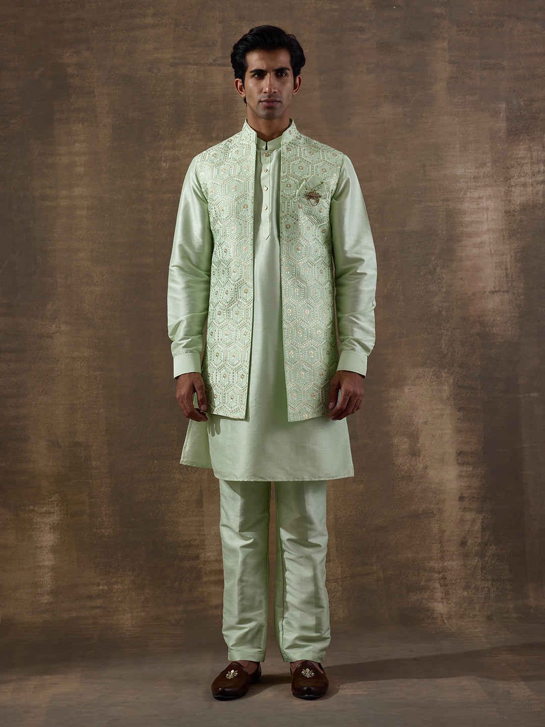 Light Green Geometric Sequinned Men's Kurta Set with Long Jacket