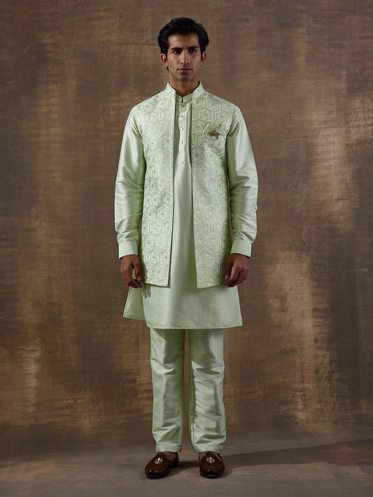 Light Green Geometric Sequinned Men's Kurta Set with Long Jacket