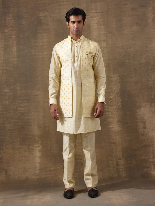 Lemon Ethnic Motifs Men's Kurta Set with Long Jacket