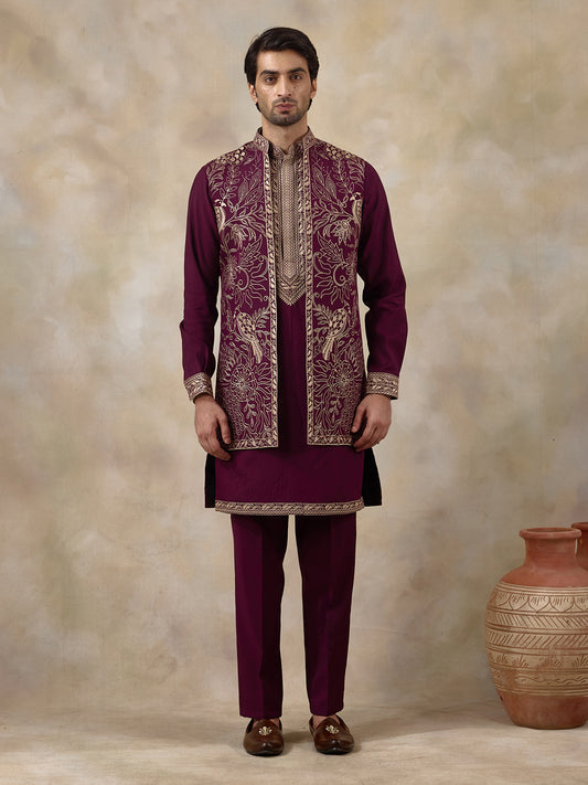 Wine Purple Bird Embroidered Men's Kurta Set with Long Jacket