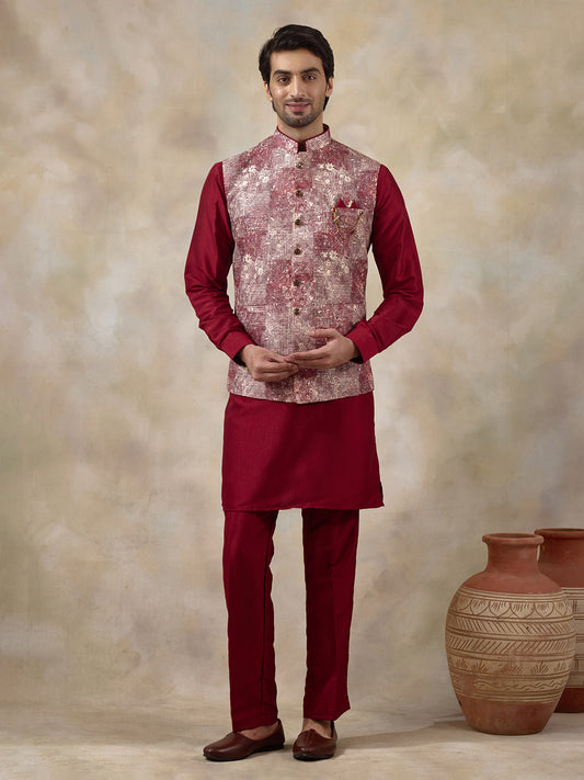 Bloody Red Patterned Men's Kurta Set