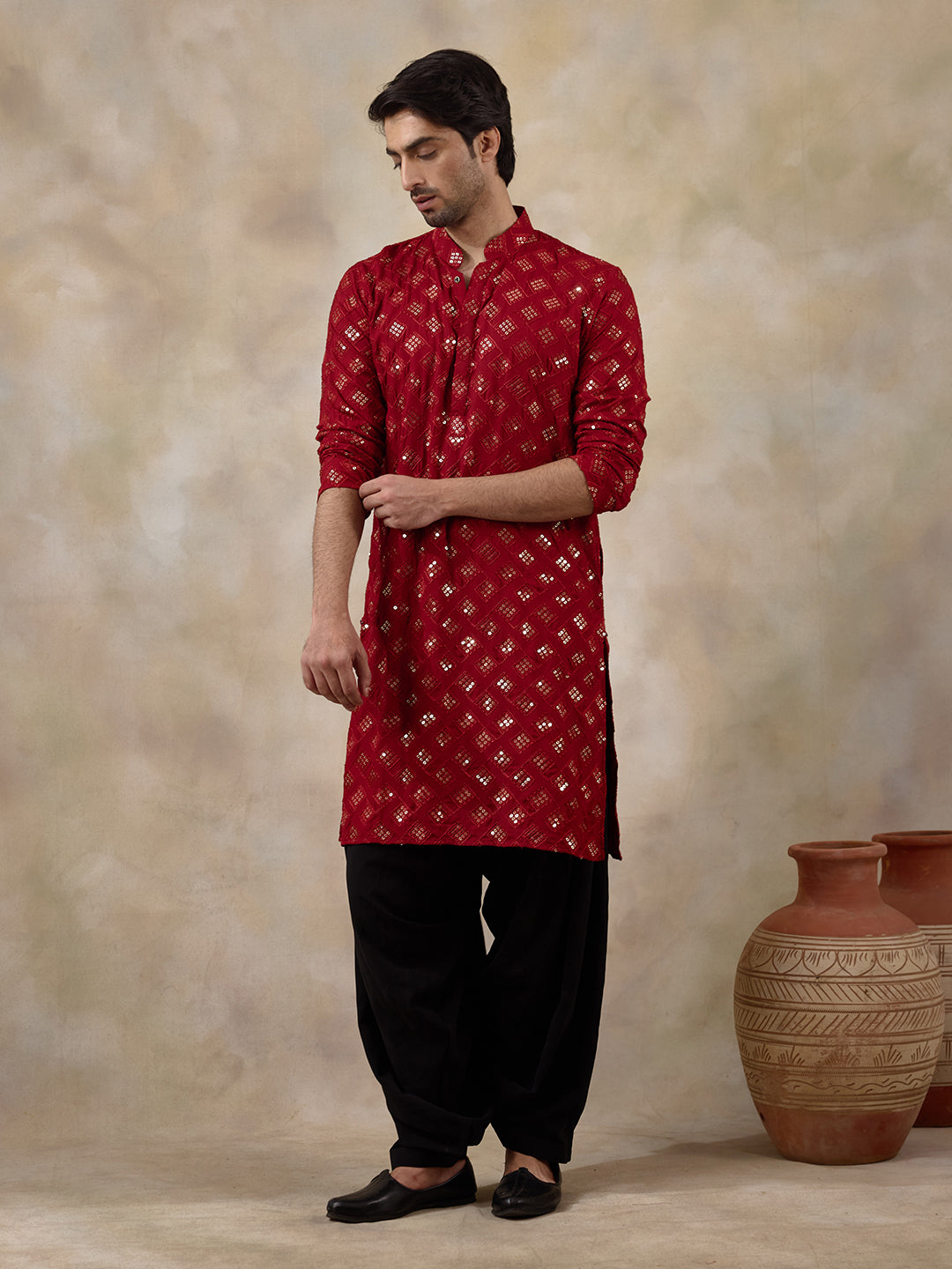 Regal Red Embellished Men's Kurta