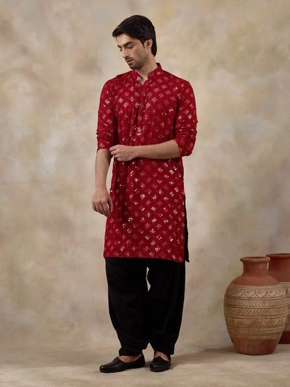 Regal Red Embellished Men's Kurta