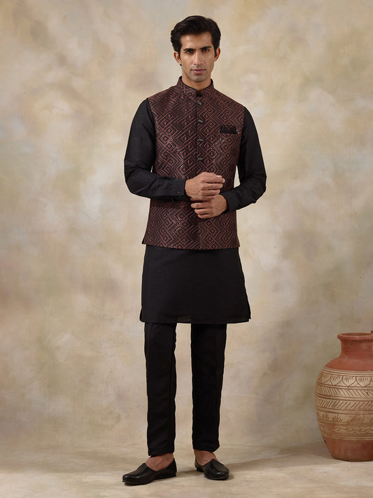 Rust Black Embroidered Men's Kurta Set