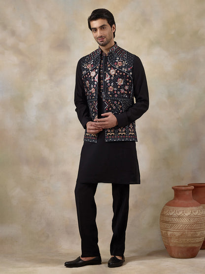Majestic Black Floral Embroidered Men's Kurta Set with Long Jacket