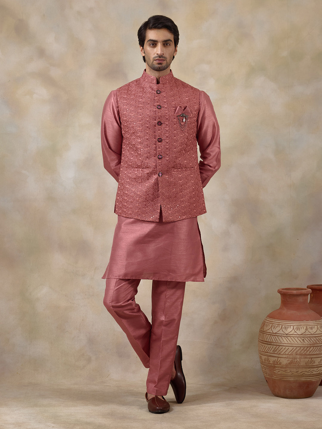 Coral Pink Embroidered Men's Kurta Set