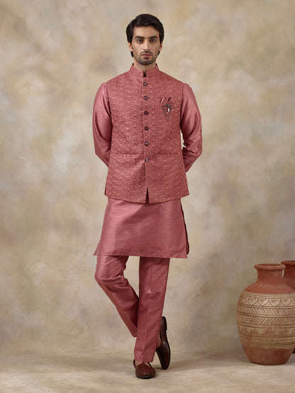 Coral Pink Embroidered Men's Kurta Set