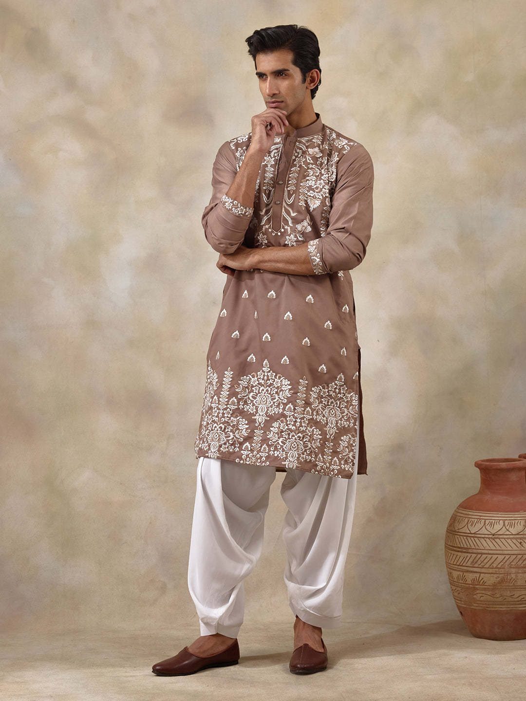 Elegant Nude Aari Embroidered Men's Kurta