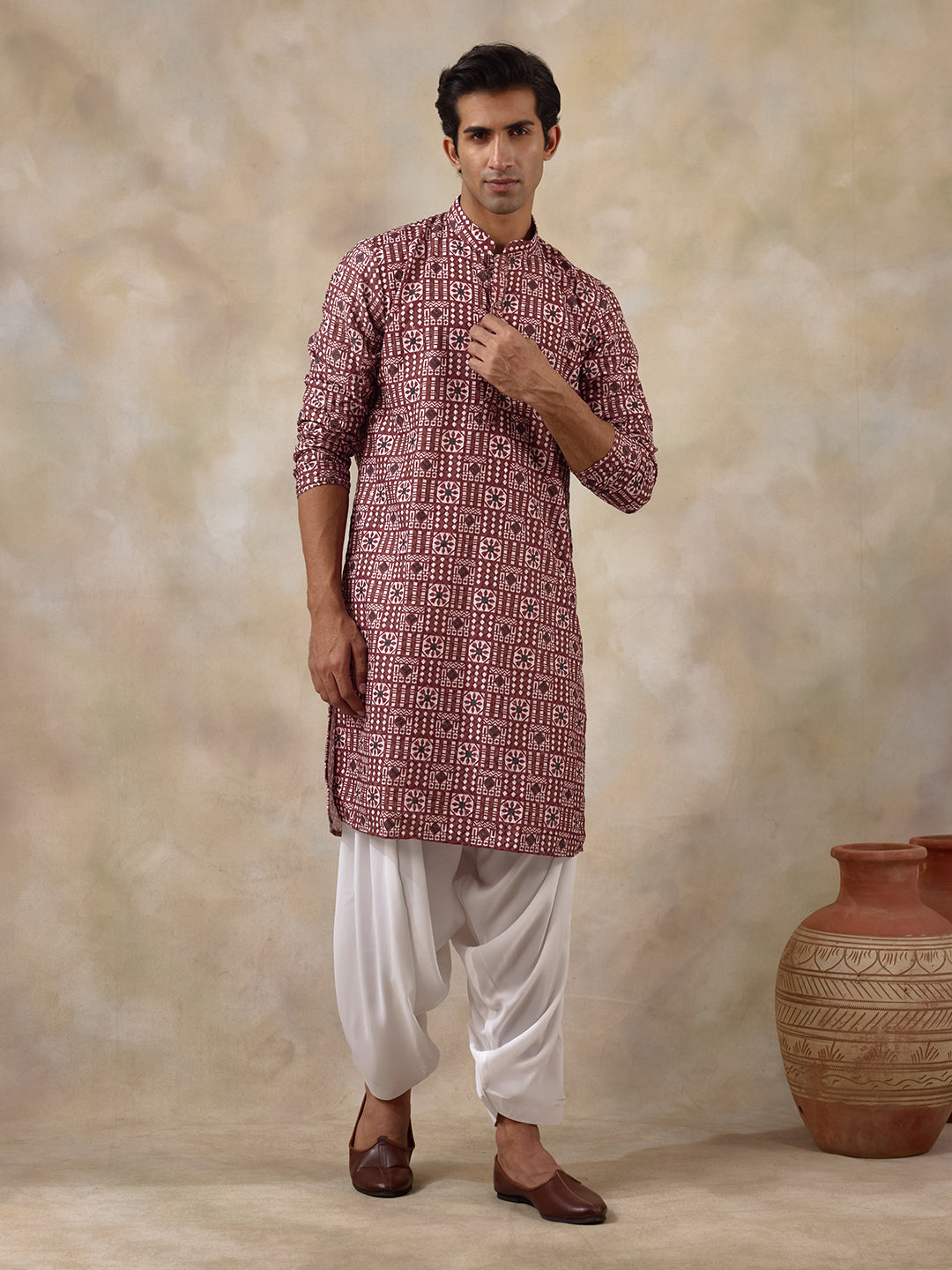 Radiant Maroon Batik Printed Men's Kurta